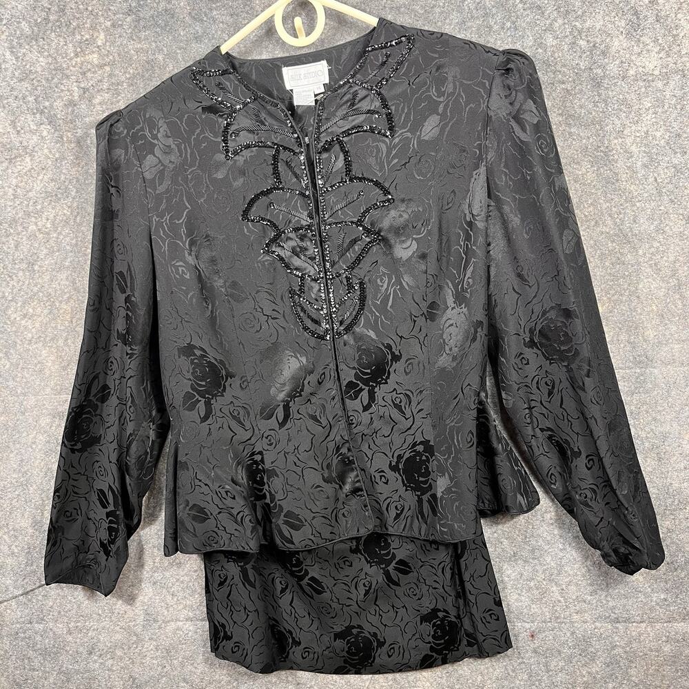 VTG Silk Studio 100% Silk Black Jacket &‎ Skirt with Sequin Floral design Sz 14